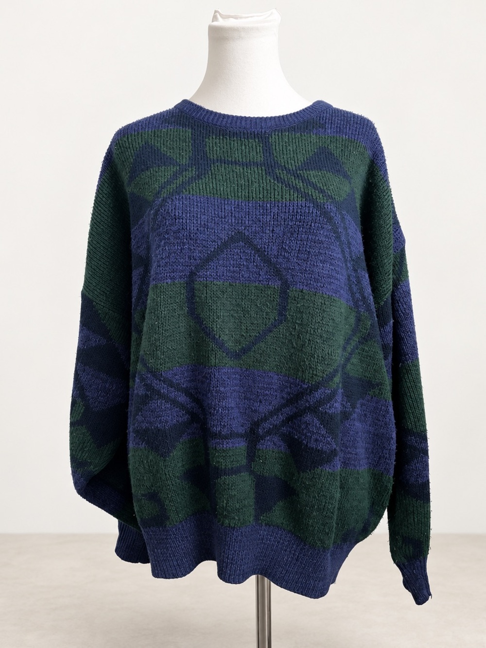 Vintage 80s 90s Blue Green Abstract Geometric Oversized Knit Sweater XL